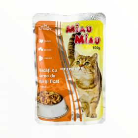 Hrană umedă pt pisici Miau Miau Bucăți cu carne de pui și ficat 100gr
