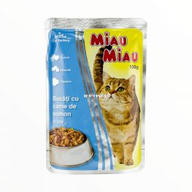 Hrană umedă pt pisici Miau Miau Bucăți cu carne de somon 100gr