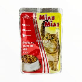 Hrană umedă pt pisici Miau Miau Bucăți cu carne de vită în sos 100gr